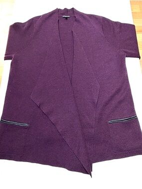 Eileen Fisher Long Cardigan Sweater - Deep Plum Wool w/ Leather Trim